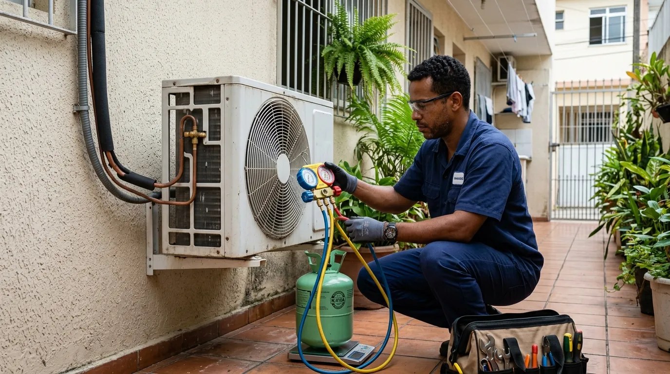 Técnico fazendo carga de gás na condensadora do ar-condicionado em Teresina‑PI