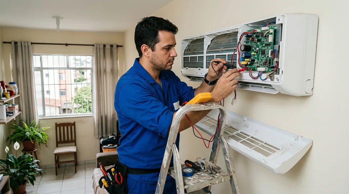 Técnico trocando a placa eletrônica de ar-condicionado split em Teresina‑PI