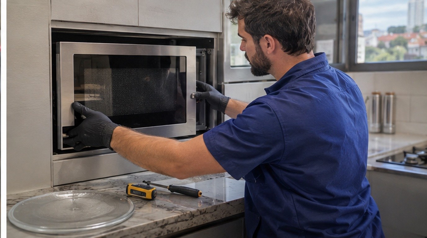 Conserto de micro-ondas de embutir em Teresina‑PI: técnico encaixando o aparelho no armário