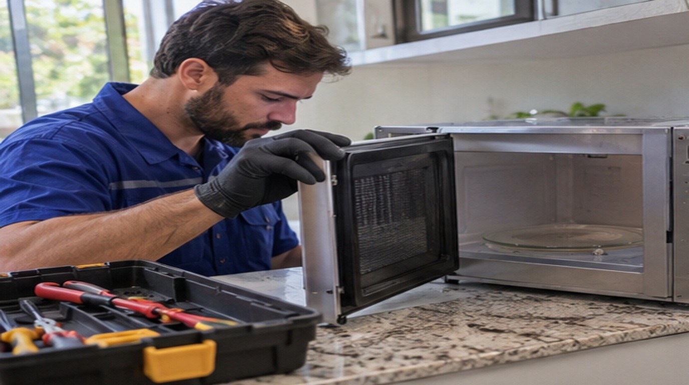 Conserto de micro-ondas em Teresina‑PI: técnico abrindo um micro-ondas de bancada