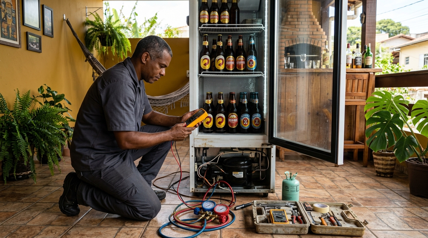 Placa eletrônica de cervejeira em reparo na bancada no Samapi, Teresina‑PI