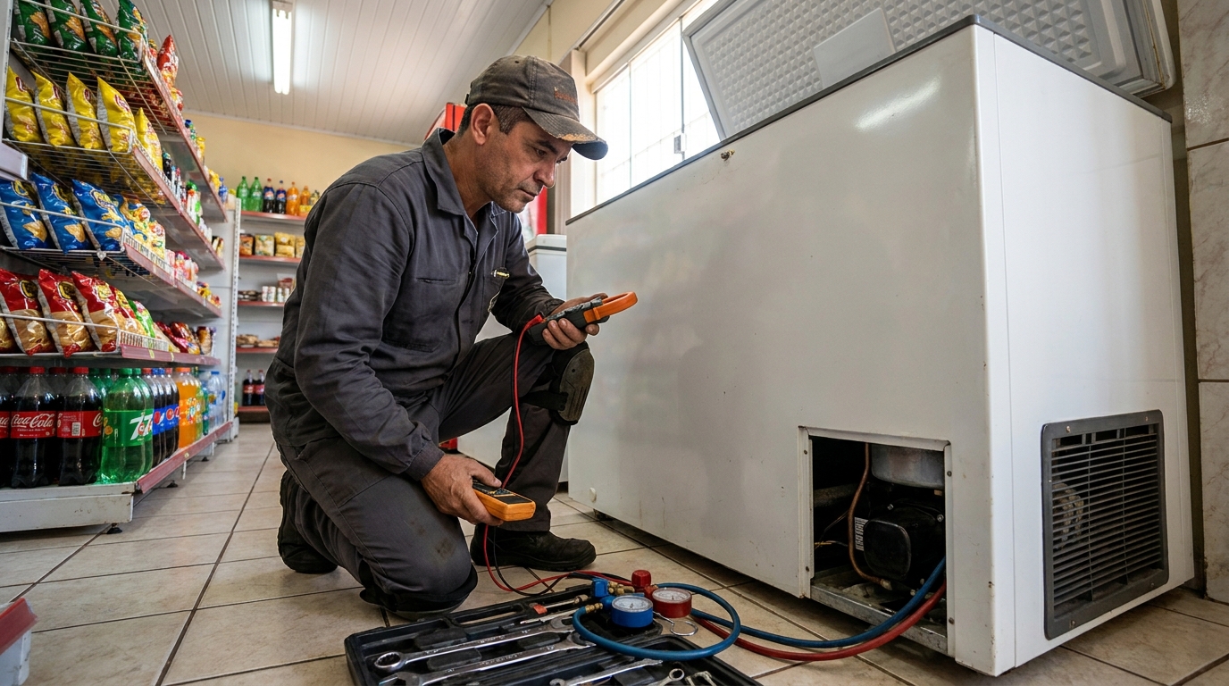 Reparo da placa eletrônica de um freezer em atendimento no Acarape, Teresina‑PI