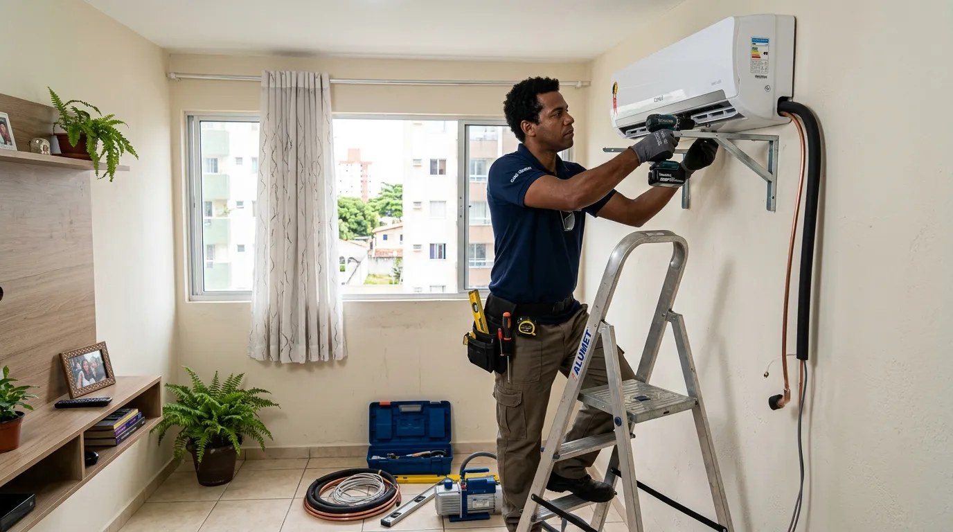 Técnico instalando ar-condicionado split em residência em Teresina‑PI