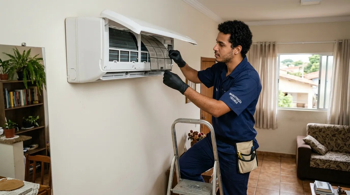 Técnico fazendo limpeza e higienização de ar-condicionado split em Teresina‑PI