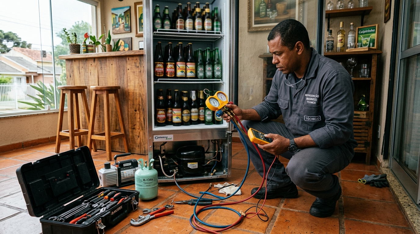 Técnico revisando o motor de uma cervejeira durante chamado no Samapi, Teresina‑PI