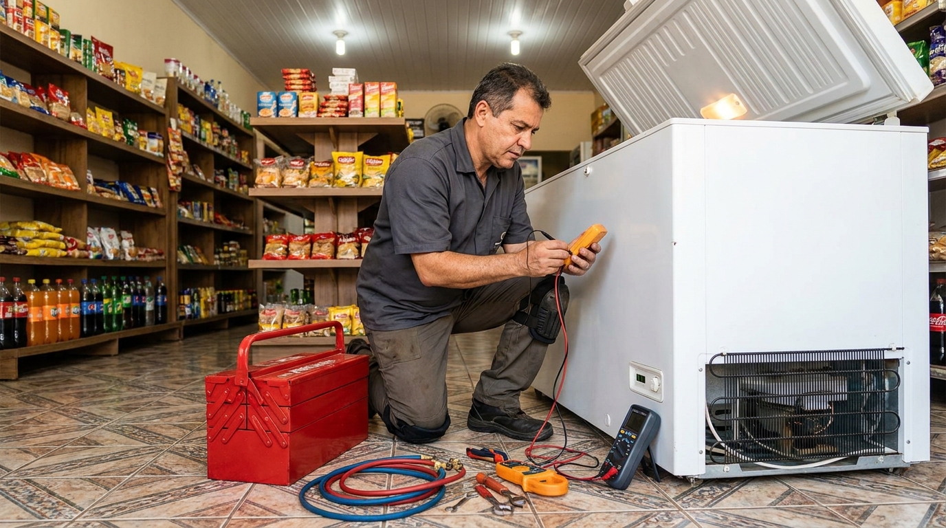 Manômetro conectado ao circuito durante recarga de gás de freezer no Acarape, Teresina‑PI