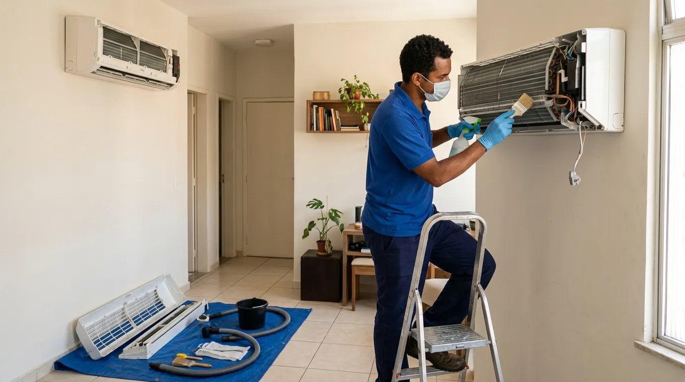Técnico fazendo manutenção de ar-condicionado split em Teresina‑PI