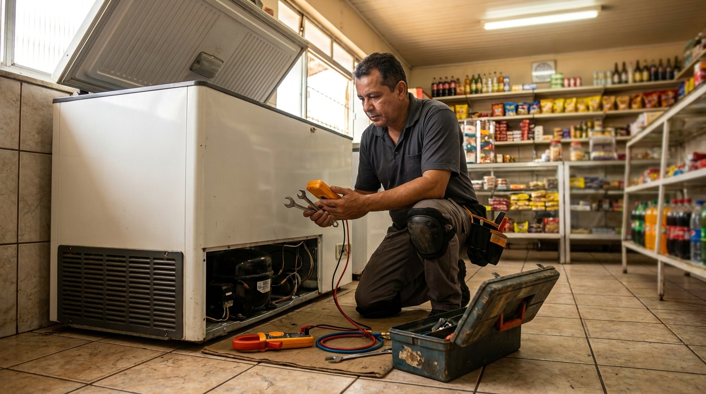 Técnico avaliando um freezer vertical durante atendimento no Acarape, Teresina‑PI