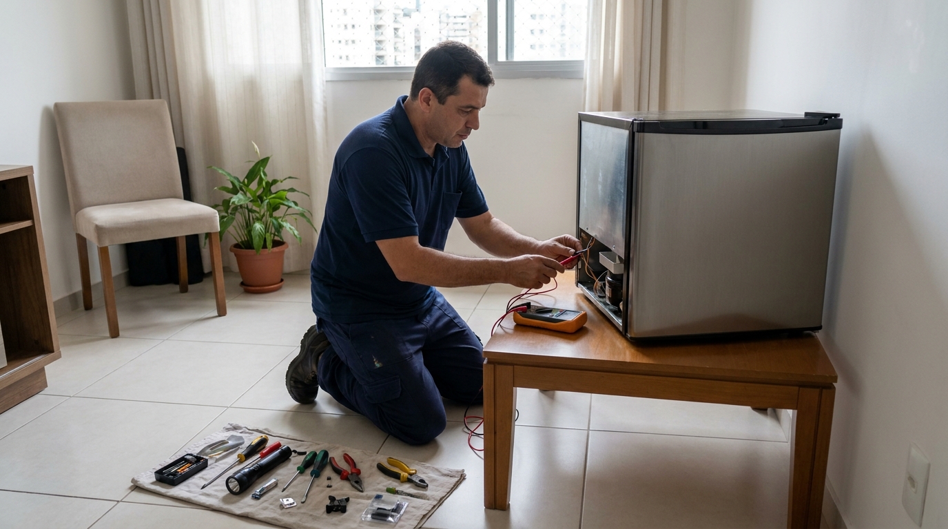 Técnico avaliando um frigobar compacto durante atendimento no Cabral, Teresina‑PI