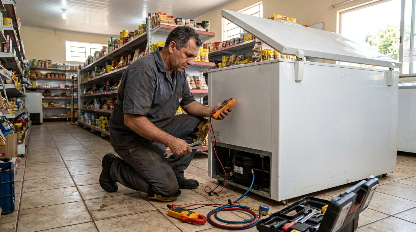 Substituição do termostato de um freezer durante visita técnica no Acarape, Teresina‑PI